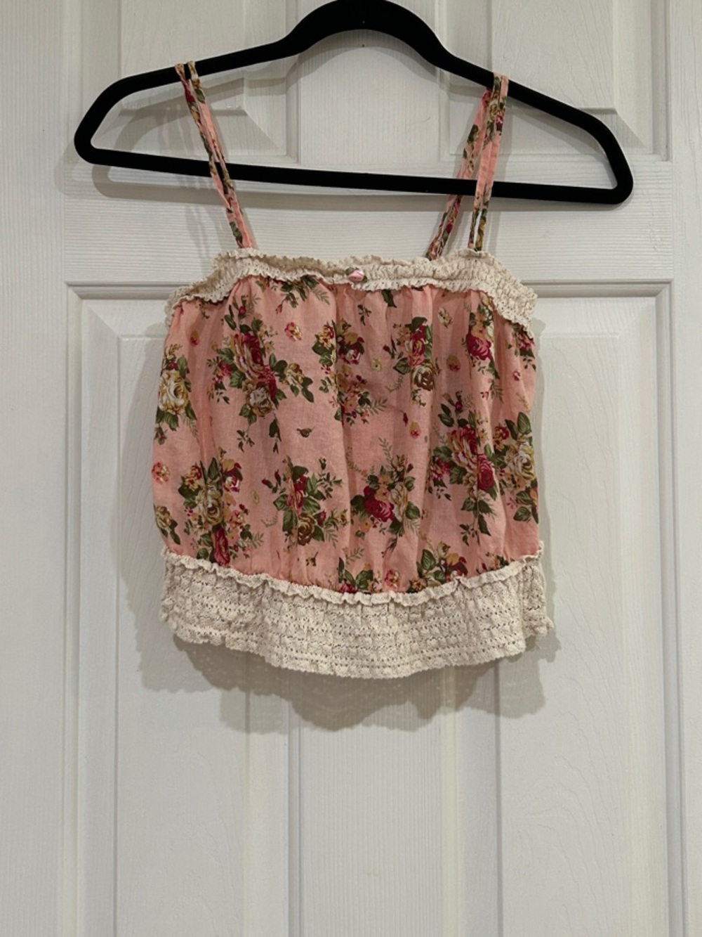 Cottagecore Floral Pink Lace-Trim Cropped Cami Top